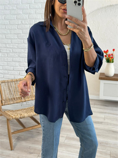 Lüx Kalite Tensel Kumaş Nakışlı V Yaka Gömlek Lacivert