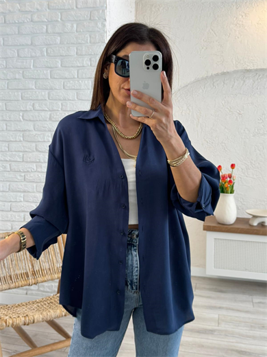 Lüx Kalite Tensel Kumaş Nakışlı V Yaka Gömlek Lacivert