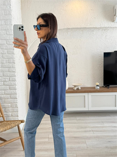 Lüx Kalite Tensel Kumaş Nakışlı V Yaka Gömlek Lacivert