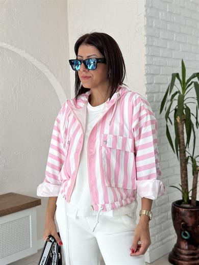 Marine Çizgili Kapşonlu Pembe Ceket