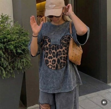 Mickey Leopar Baskılı Oversıze Tişört Eskitme Antrasit