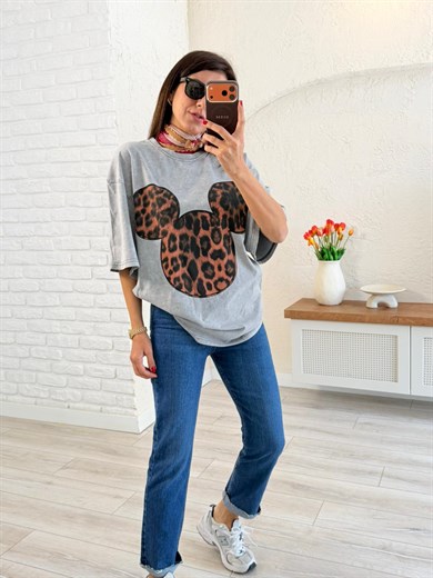 Mickey Leopar Baskılı Oversıze Tişört Eskitme Gri
