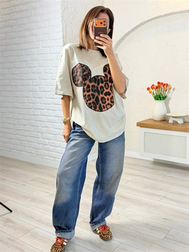 Mickey Leopar Baskılı Oversıze Tişört Eskitme Taş
