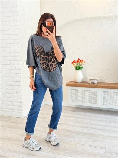 Mickey Leopar Baskılı Oversıze Tişört Eskitme Antrasit