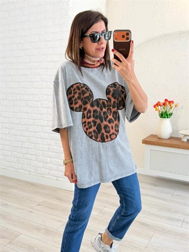 Mickey Leopar Baskılı Oversıze Tişört Eskitme Gri