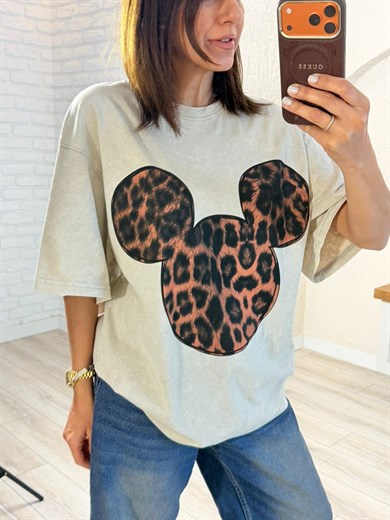 Mickey Leopar Baskılı Oversıze Tişört Eskitme Taş