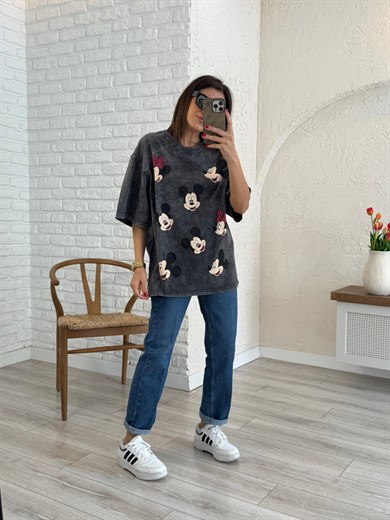 Miki Mini Baskılı Oversize Tişört Antrasit