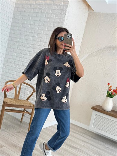 Miki Mini Baskılı Oversize Tişört Antrasit