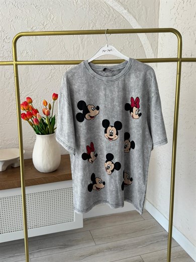 Miki Mini Baskılı Oversize Tişört Gri 
