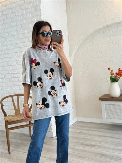 Miki Mini Baskılı Oversize Tişört Gri 