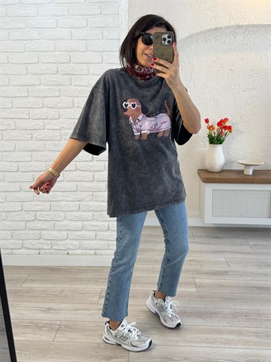 Mini Dog Baskılı Oversize Tişört Antrasit
