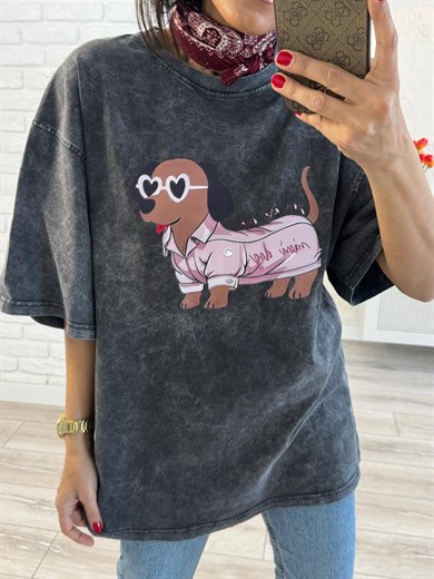Mini Dog Baskılı Oversize Tişört Antrasit