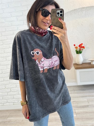Mini Dog Baskılı Oversize Tişört Antrasit