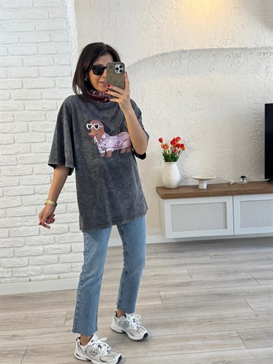 Mini Dog Baskılı Oversize Tişört Antrasit