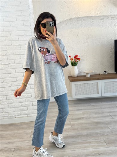 Mini Dog Baskılı Oversize Tişört Gri