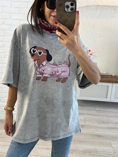 Mini Dog Baskılı Oversize Tişört Gri