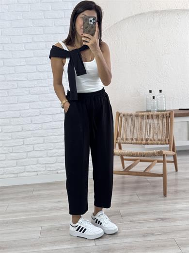 Modal Kumaş Biyeli Şalvar Pantolon Siyah