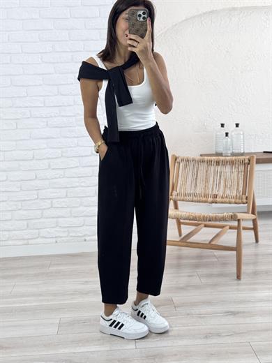 Modal Kumaş Biyeli Şalvar Pantolon Siyah