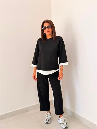 Modal Kumaş Garnili Şalvar Pantolonlu Takım Siyah