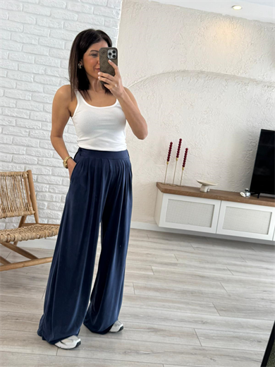 Modal Kumaş Pileli Geniş Paça Pantolon Eskitme Lacivert