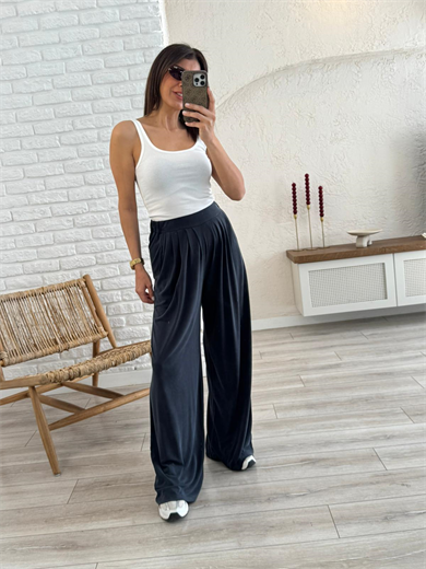 Modal Kumaş Pileli Geniş Paça Pantolon Eskitme Antrasit 