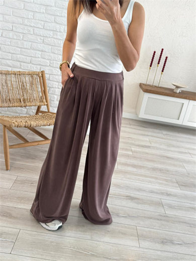 Modal Kumaş Pileli Geniş Paça Pantolon Eskitme Kahve
