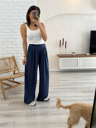 Modal Kumaş Pileli Geniş Paça Pantolon Eskitme Lacivert