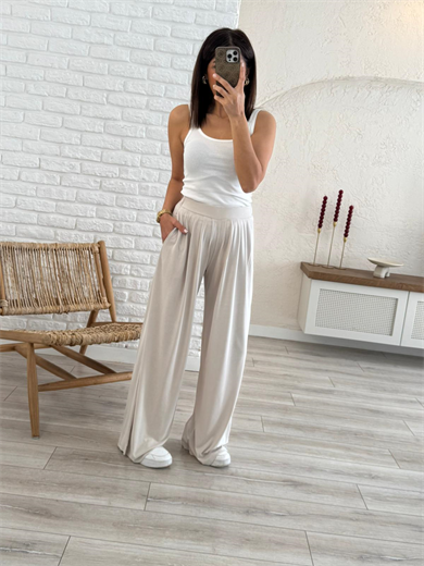 Modal Kumaş Pileli Geniş Paça Pantolon Eskitme Bej