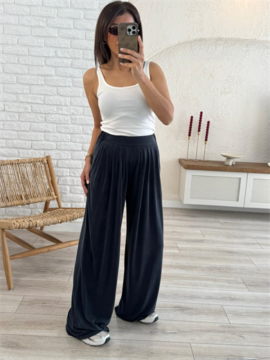 Modal Kumaş Pileli Geniş Paça Pantolon Eskitme Antrasit 