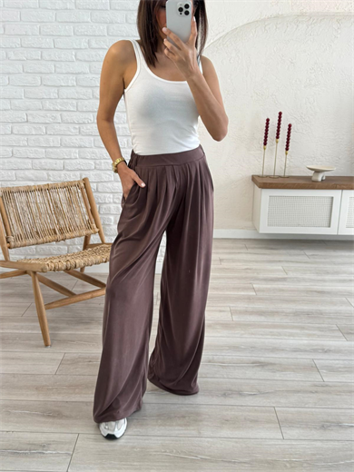 Modal Kumaş Pileli Geniş Paça Pantolon Eskitme Kahve