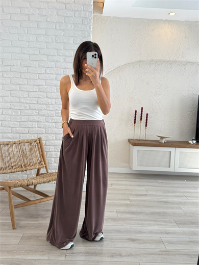 Modal Kumaş Pileli Geniş Paça Pantolon Eskitme Kahve