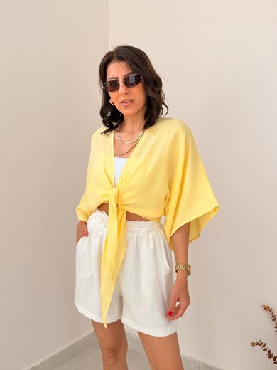 Müslin Keten Bağlamalı Gömlek Sarı