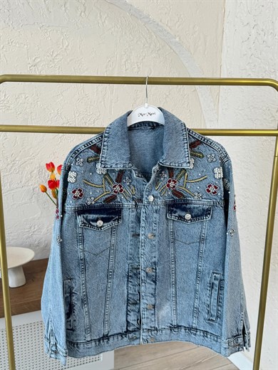 Nakış Ve İnci Detaylı Oversize Kot Ceket