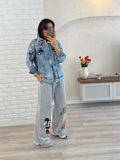 Nakış Ve İnci Detaylı Oversize Kot Ceket