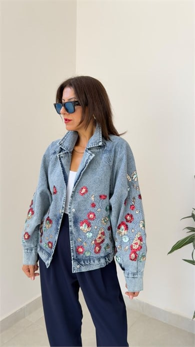 Nakışlı Bomber Kot Ceket