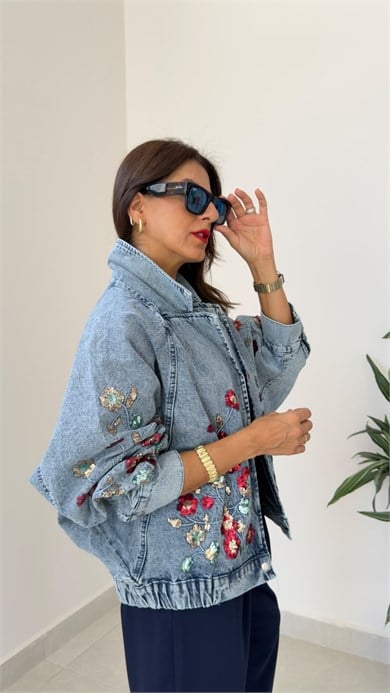 Nakışlı Bomber Kot Ceket
