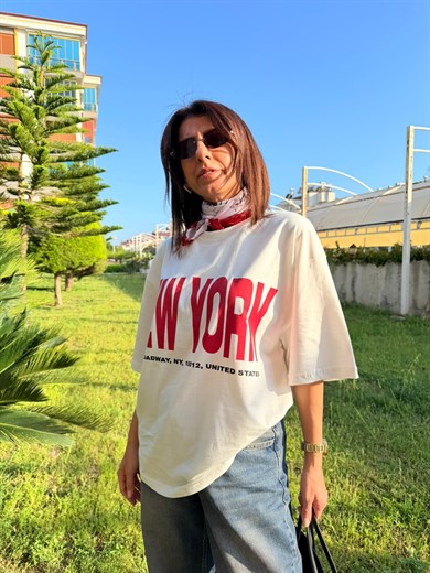 New York Baskılı Oversıze Tişört Ekru