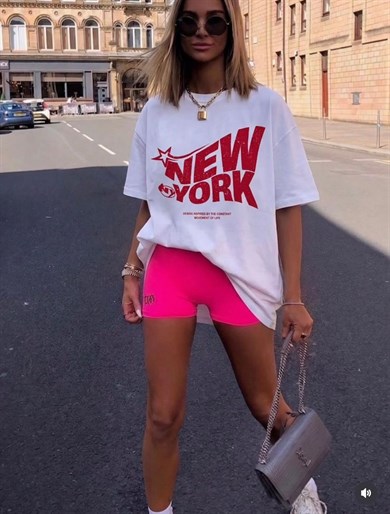 Ny Newyork Baskılı Oversıze Tişört Ekru