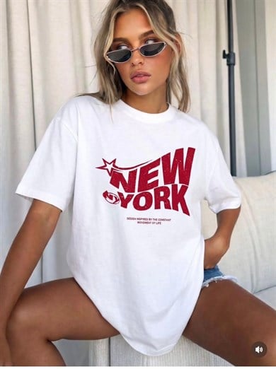 Ny Newyork Baskılı Oversıze Tişört Ekru