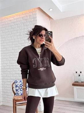 Nvc Nakışlı Önü Fermuarlı Sweat  Kahverengi