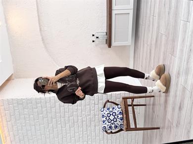Nvc Nakışlı Önü Fermuarlı Sweat  Kahverengi