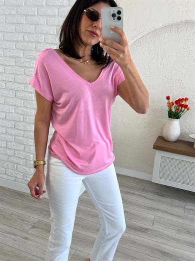 Ön Arka V yaka Yumuşak Doku Dökümlü Tişört Pembe  