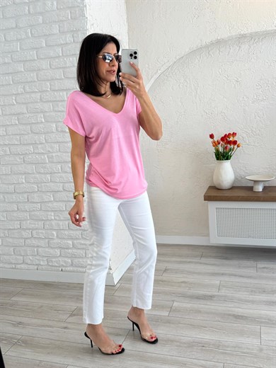 Ön Arka V yaka Yumuşak Doku Dökümlü Tişört Pembe  