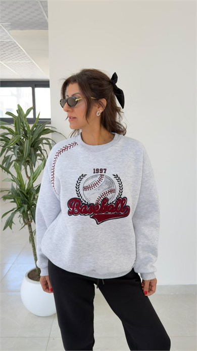 Ön Baskı Ve Nakışlı Üç İplik Şardonlu Sweat Gri