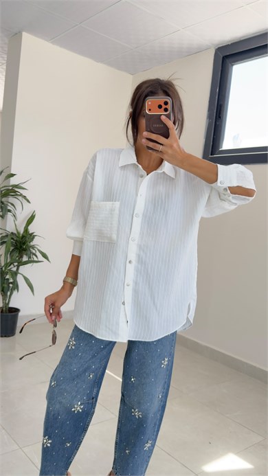 Ön Cepli Kendinden Çizgili Oversize Gömlek Ekru