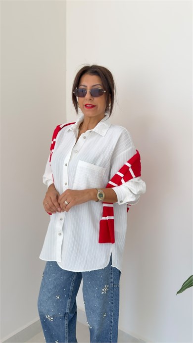 Ön Cepli Kendinden Çizgili Oversize Gömlek Ekru