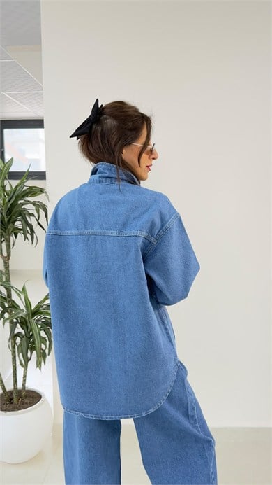 Ön Düğmeli Cepli Denim Ceket Mavi