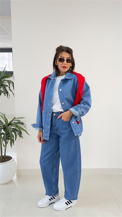 Ön Düğmeli Cepli Denim Ceket Mavi