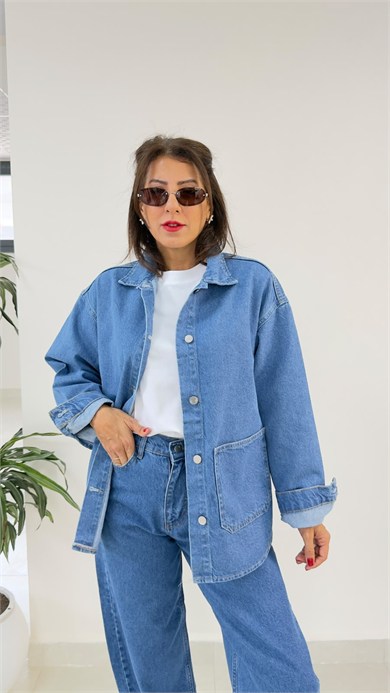 Ön Düğmeli Cepli Denim Ceket Mavi