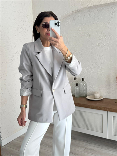 Ön Düğmeli Klasik Blazer Ceket  Açık Gri